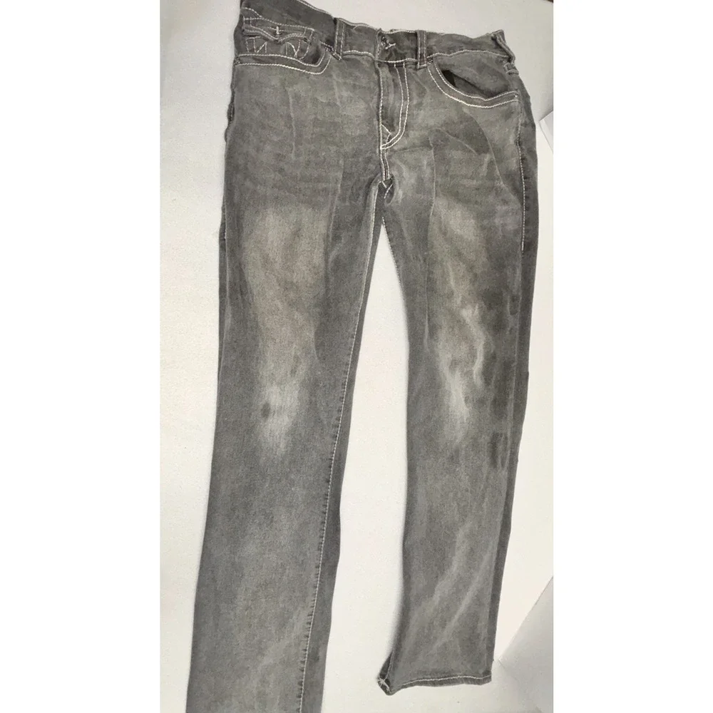 True Religion Jeans 34x32.5 Gray Ricky Flap Pocket Straight Leg Distressed READ
